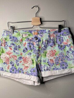 Vintage floral green, purple, and pink denim shorts by GB one size